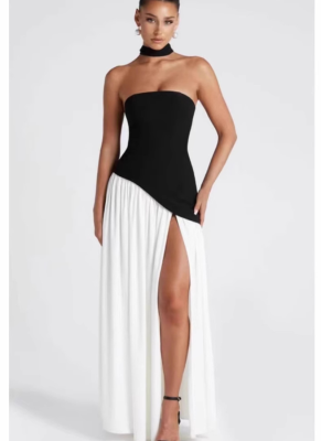 Contrast Color Zipper Bodycon Dress with Irregular Slits
