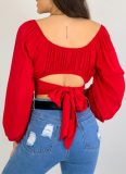 Navel-baring Boat Neckline Lace-up Bubble Lantern Sleeve Shirt