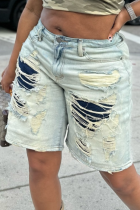 Light Blue Fashion Street Style Washed Distressed Patchwork Jeans