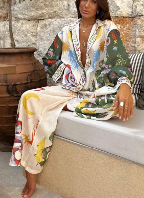 Fashion Personalized Printed Macaroon Linen Long Sleeve Shirt Suit