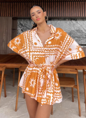 Summer New Waist Tie Geometric Pint Sexy Jumpsuit