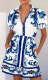 Casual Fashion Puff Sleeve Linen Short Skirt Suit