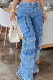 Blue Fashionable Multi-Pocket Rinse Loose Straight Street Denim Pants