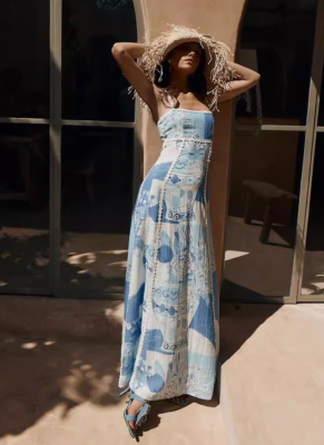 Fashion Linen Print Sexy Backless Bow Tie Dress