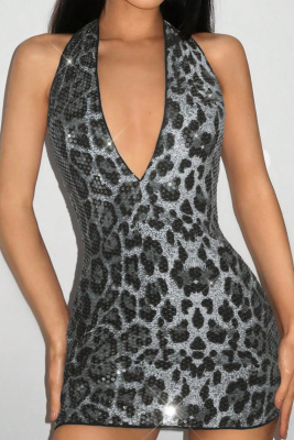 Sexy Sleeveless Halter Neck Leopard Print Sequined Deep V-Neck Backpack Revealing Hip Dress
