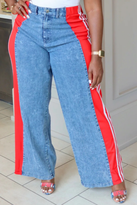 Summer Fashion Splicing Striped Wide Leg Straight Pants Casual Stretch Denim Pants