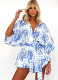 Summer New Waist Tie Geometric Pint Sexy Jumpsuit