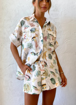 Fashion Personality Print Short Sleeve Holiday Style Casual Tie Suit