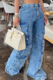 Blue Fashionable Multi-Pocket Rinse Loose Straight Street Denim Pants