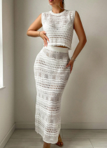 Solid Color Knitted Beach Bikini Swimsuit Cover Up Sun Protection Set