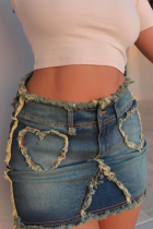 Blue Heart Pocket Raw Edge Washed Zipper Camouflage Sexy Mini Skirt
