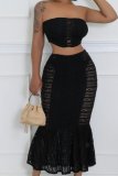 Black Spring New Sexy Tube Top High Waist Navel-Baring Vest Hip Fishtail Skirt Two-Piece Set
