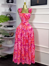 Fashion Casual Printed Short Vest High Waist Wide Swing Skirt Suit