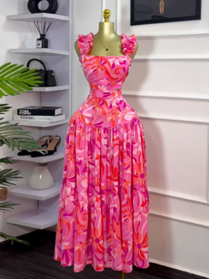 Fashion Casual Printed Short Vest High Waist Wide Swing Skirt Suit