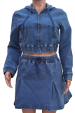 New Women'S Casual Hooded Top Washed Denim Skirt Two-Piece Set