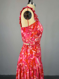 Fashion Casual Printed Short Vest High Waist Wide Swing Skirt Suit