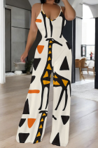 Temperament Suspenders And Lace-Up Printed Backless V-Neck Casual Jumpsuit