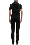 Fashion Casual Zipper Short-Sleeved Drawstring Hooded Top With Stitching Trousers Two-Piece Set