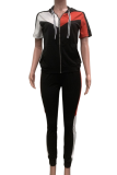 Fashion Casual Zipper Short-Sleeved Drawstring Hooded Top With Stitching Trousers Two-Piece Set