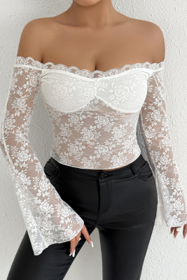 White Spring Lace Stitching Sexy Off-the-shoulder Top