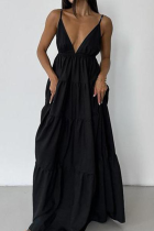 Black Sexy Long Backless Suspender Dress Holiday Style Dress