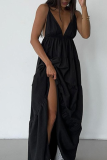 Black Sexy Long Backless Suspender Dress Holiday Style Dress