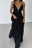 Black Sexy Long Backless Suspender Dress Holiday Style Dress