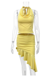 Yellow Spring New Women'S Fashion Sexy Halter Neck Irregular Hip Skirt Two-Piece Set