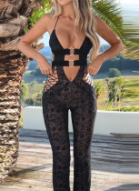 Sexy Hollow Halter Neck Lace Splicing Hot Girl Jumpsuit
