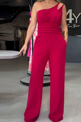 Red Slant Collar Sleeveless Waist Straight Jumpsuit