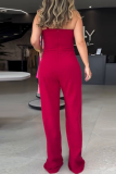 Red Slant Collar Sleeveless Waist Straight Jumpsuit