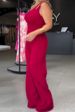 Red Slant Collar Sleeveless Waist Straight Jumpsuit