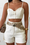 Fashion Sexy Suspender Buttoned Vest Solid Color Shorts Two Piece Set