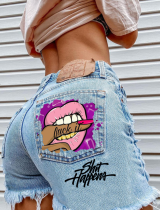 Finger Bite Print Fashionable Ripped Denim Shorts