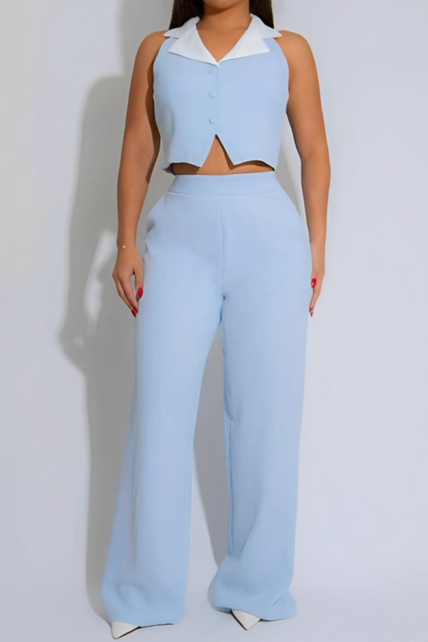 Fashionable Patchwork Contrast Color Tops And Casual Loose Straight Pants Two-Piece Suit