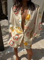 Fashion Printed Linen Casual All-match Shirt Cardigan Shorts Set