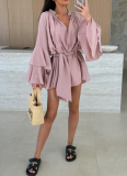 2025 Solid Color V-neck Irregular Lace Long Sleeve Loose Dress