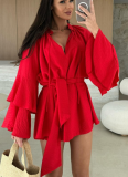 2025 Solid Color V-neck Irregular Lace Long Sleeve Loose Dress