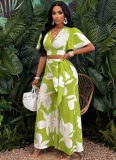 New Arrival Tropical Print Pleated Butterfly Sleeve Top With Lace-up Wide-leg Pants Set