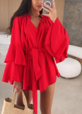 2025 Solid Color V-neck Irregular Lace Long Sleeve Loose Dress