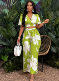 New Arrival Tropical Print Pleated Butterfly Sleeve Top With Lace-up Wide-leg Pants Set