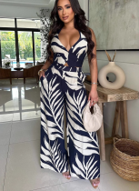 Sexy Print Halter Neck Top Wide Leg Pants Two-Piece Set
