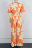 New Arrival Tropical Print Pleated Butterfly Sleeve Top With Lace-up Wide-leg Pants Set