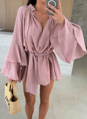 2025 Solid Color V-neck Irregular Lace Long Sleeve Loose Dress