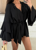 2025 Solid Color V-neck Irregular Lace Long Sleeve Loose Dress