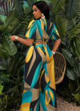 New Arrival Tropical Print Pleated Butterfly Sleeve Top With Lace-up Wide-leg Pants Set