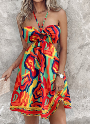 2025 Summer Printed Sexy Off-shoulder Halter Neck Hollow Dress