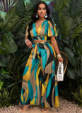 New Arrival Tropical Print Pleated Butterfly Sleeve Top With Lace-up Wide-leg Pants Set