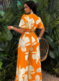 New Arrival Tropical Print Pleated Butterfly Sleeve Top With Lace-up Wide-leg Pants Set