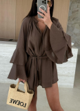 2025 Solid Color V-neck Irregular Lace Long Sleeve Loose Dress